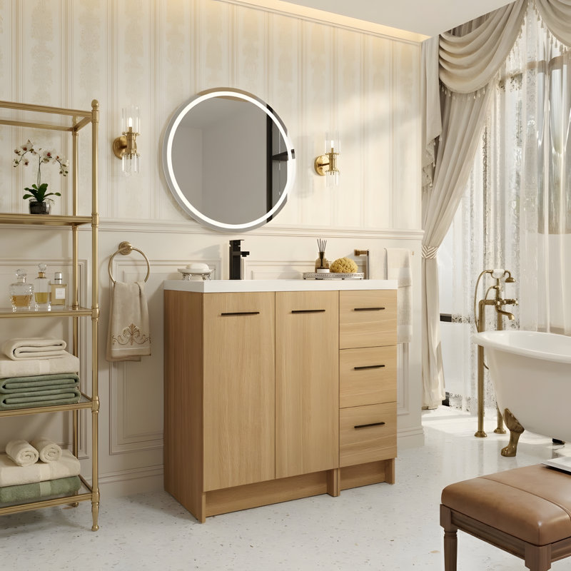 Meuble-lavabo sur pied 36 po avec lavabo en résine et armoire de rangement multifonctionnelle