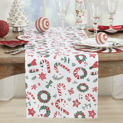 Red & Green Christmas Candy Cane & Wreath Table Runner 16" X 72"
