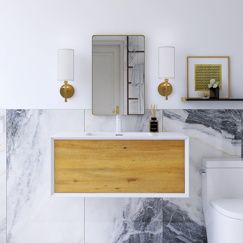 36 po Meuble-lavabo mural simple en chêne blanc mat