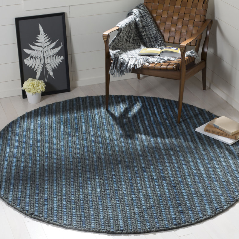 Ferrera Striped Handwoven Dark Blue Rug, Round 4'