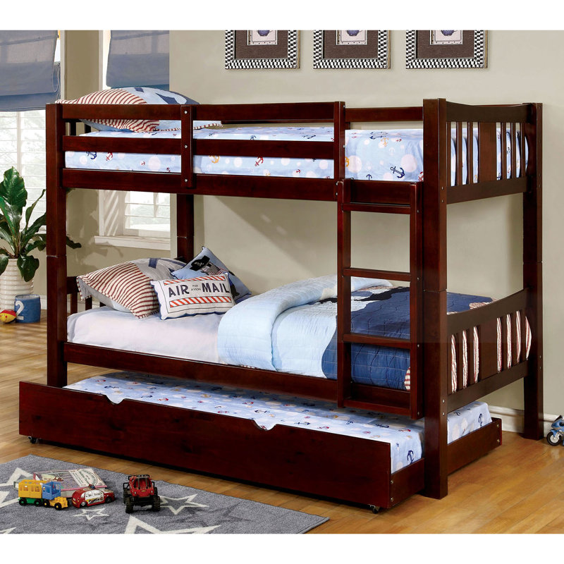 Lit superposé simple en noyer foncé de style transitionnel, bois massif, attaché, 13 lattes, rails avec structure de joint verrouillable, lit gigogne non offert, Vibe, finition, PC Insert et joint, disponibles