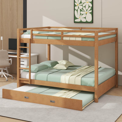 Queen-And-Queen Wooden Bunk Bed With Ladder & Pull-Out Extra Bed, Rustic Solid Wood Design by Harriet Bee