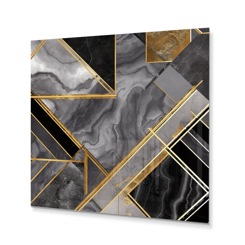 Agate marbre granit avec touches dorées VI - Décoration murale géométrique moderne en métal, H 16 po x l 16 po x P 1 po