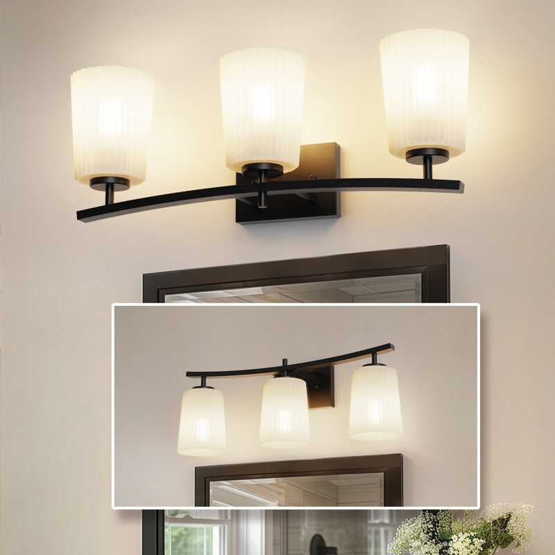 Chalfant Éclairage pour meuble-lavabo 3 lumières noir avec abat-jour en verre blanc conique pour salle de bain, salon, vestibule