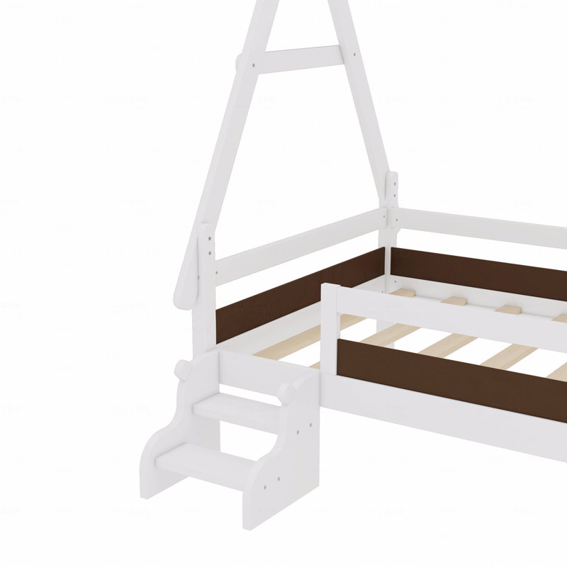 Twin House Platform Bed Frame With Stairs, Solid Wood Materialen Frame Material Twin Bed Frame, Lowith Profile And Childlike Fun Design