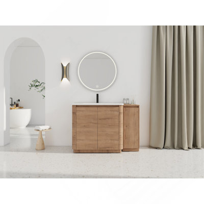 Meuble-lavabo autoportant 48 po avec lavabo en céramique blanche et 1 petite armoire de rangement, porte à fermeture en douceur, chêne imitation, contreplaqué