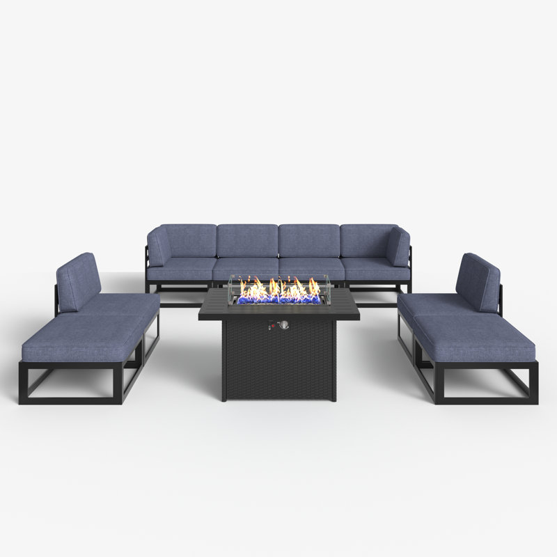 9 - Piece Outdoor Modular Sectional Set with Fire Table, Navy Blue