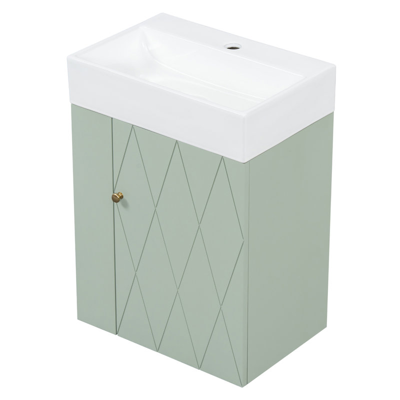Meuble-lavabo de 20 po avec lavabo en céramique, porte à motif de losanges, poignées dorées et tablettes de rangement latérales - petit cabinet moderne avec barre à serviettes, fabrication en panneau de fibres à densité moyenne, assemblage requis