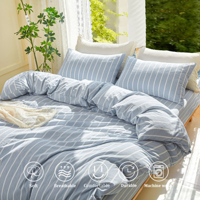 Ensemble de housse de couette à rayures 100% coton délavé très doux et respirant Lifeetown, ensemble de literie 3 pièces avec fermeture à glissière