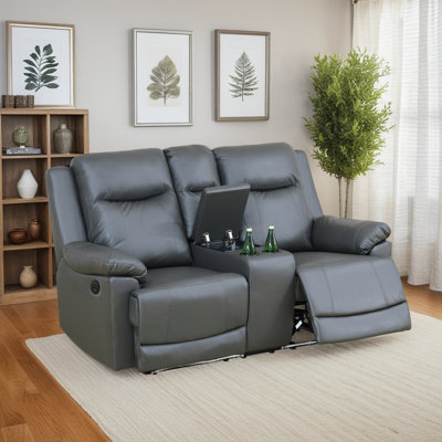 Deep Grey Dual Power Recliner Loveseat With Center Console, USB Charging & LED Lighting – Breathable Leather 2-Seater Sofa