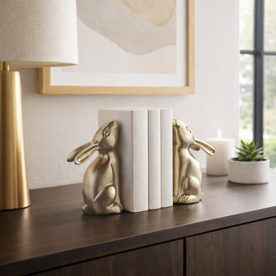 Modern Decorative Bunny Bookends For Bookshelf Decor - Whimsical Book Ends For Home Decor, Shelf Styling, Or Office Desk Accessory - Set Of 2, 7", Gold