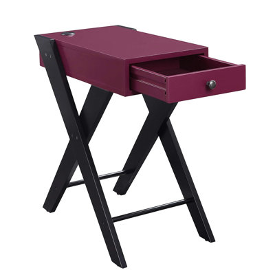 Rectangular Side Table With Power Dock, Black And Burgundy Finish, Single Drawer For Items, Open Base, Kd Joint, Material, 22 In Wide Accent Charging Burgundy, 1 Storage, Leg, Assembly, Width, 13