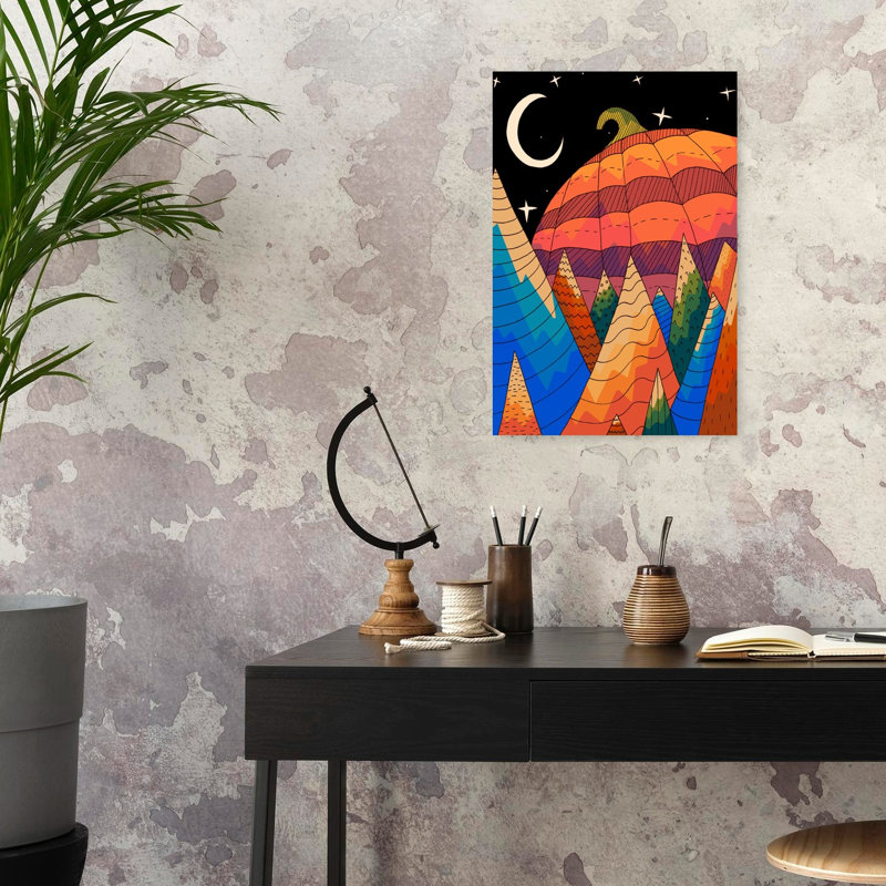 Impression d'art mural représentant un paysage d'automne coloré, onirique et vibrant avec une citrouille nocturne d'automne