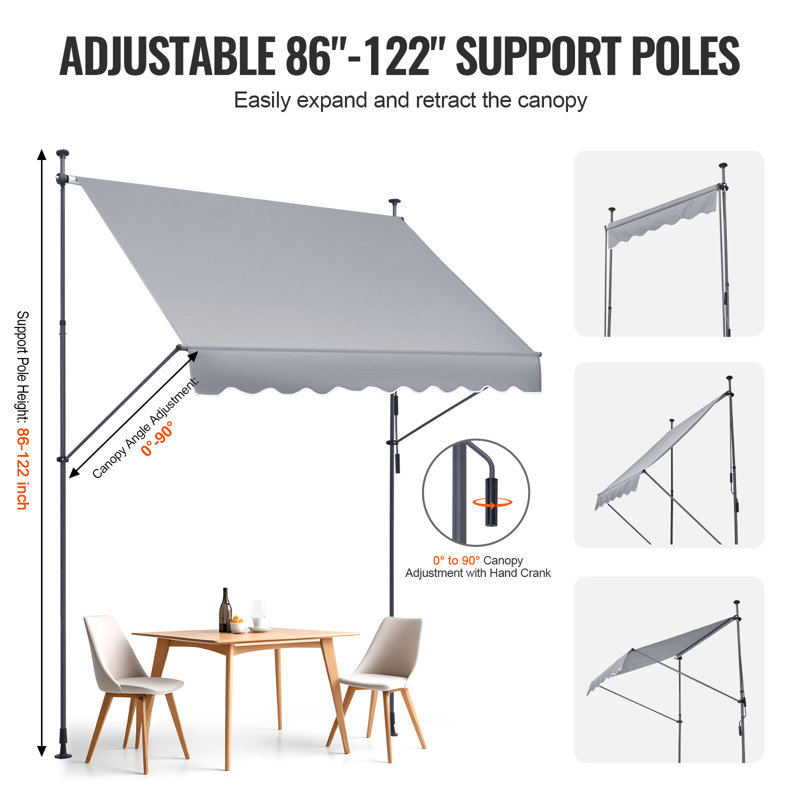 Auvent de terrasse 47 po avec auvent rétractable, H 122 po x l 98 po x P 47 po, Gris