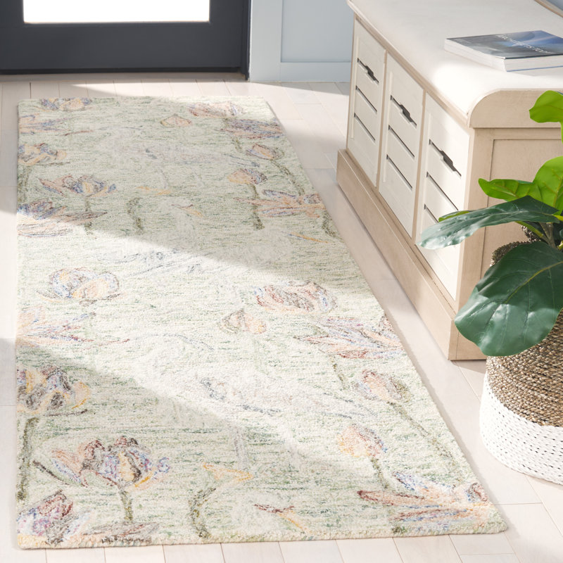 Tapis à motif floral en laine / coton touffeté Bovia vert / ivoire / jaune, Tapis de couloir 2 pi 3 po x 8 pi