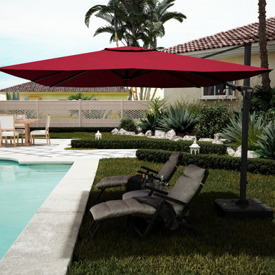 Parasol de patio rouge en porte-à-faux carré de 11 pi sans base, système de levage hydraulique pour le réglage de la hauteur, fermeture unique de la position supérieure, tissu tissé teint avec une solution de 280 g avec revêtement en PA, 3 ans sans décoloration