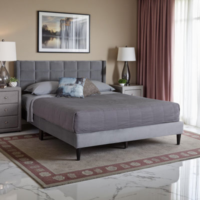 Senna Grey Velvet and Dark Brown Wood Queen Bed in a Modern Style, 40.95'' H X 59.63'' W X 83.54'' L