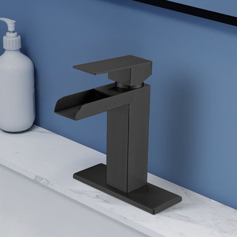 Topcraft Single Handle Single Hole Waterfall Bathroom Sink Faucet With Baseplate, Matte Black