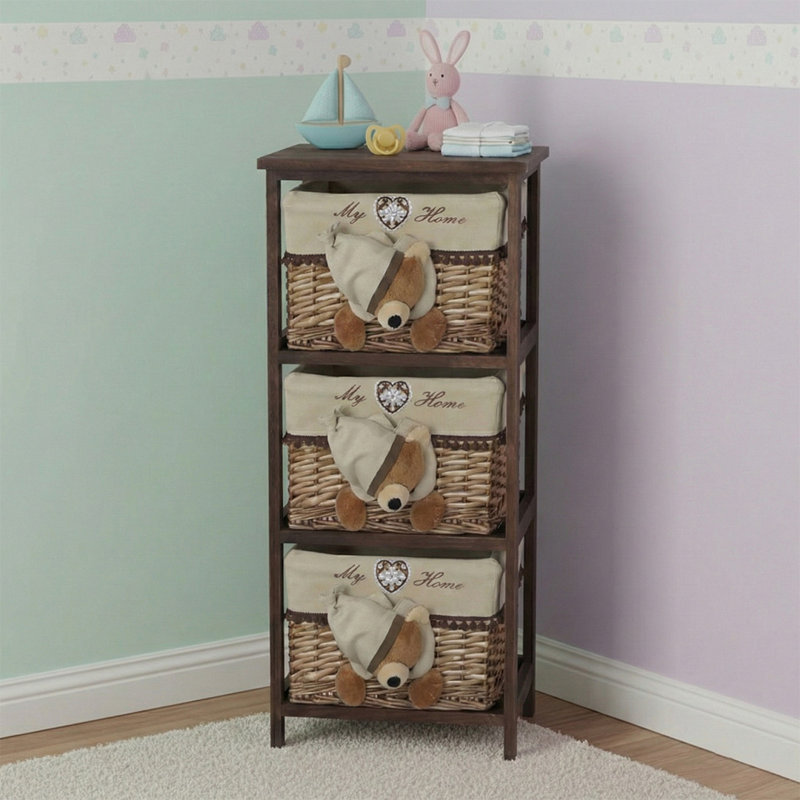Jhavon 3-Drawer Wooden Cabinet with Wicker Storage Baskets and Brown Bear Design Christmas Gift
