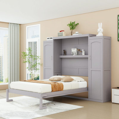 Wooden Murphy Bed with Shelves and Wardrobes