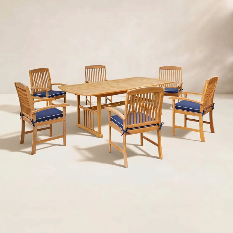 Ensemble de salle à manger de patio en teck pour 6 personnes Summerton, Passepoil bleu marine et blanc