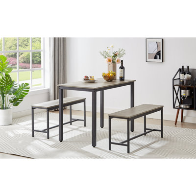 Ensemble de table de salle à manger, table de bar avec 2 bancs de salle à manger, comptoir de table de cuisine avec chaises, table de déjeuner industrielle pour la cuisine, salon, salle de réception, gris et noir, L 43,3 po x l 23,6 po x H 29,9 po
