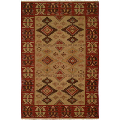 Tapis brun / rouge en laine noué à la main Ikat