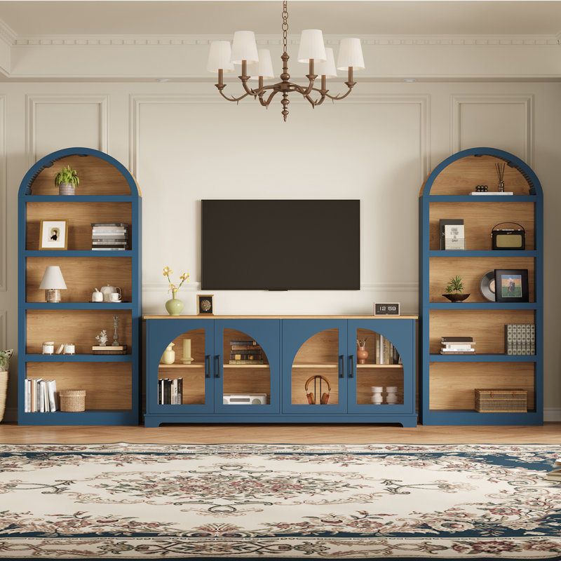Entertainment Center For Tvs Up To 70", 3-Piece Media Wall Set, Wood, Arched Design, Two-Tone Finish, Modern Farmhouse, Living Room - Blue