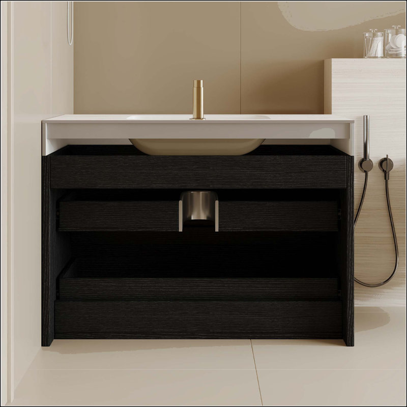 Meuble-lavabo mural 29,9 po avec plateau en faux marbre et tiroirs, Black, White