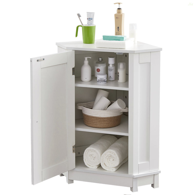 Bathroom Cabinet Triangle Corner Storage Cabinet With Adjustable Shelf Modern Style MDF Board, White