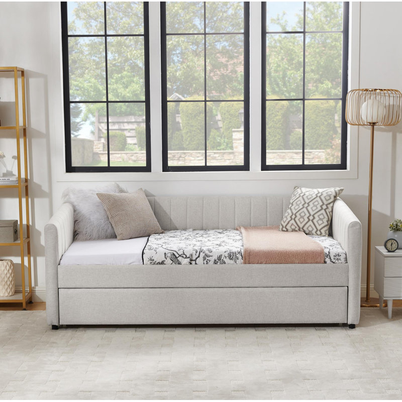 Lit de jour simple avec canapé-lit tapissier, avec rayures verticales, tissu en lin, beige (82,5 po x 43 po x 30 po), Beige