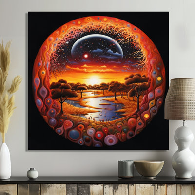 Tribal, rivière, pleine lune, forêt, art mural paysages
