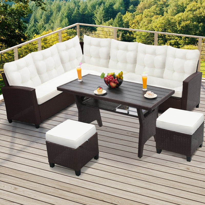 6-Piece All-Weather Brown Wicker Patio Furniture Set – Sectional Sofa, Dining Table, Chairs & Ottoman