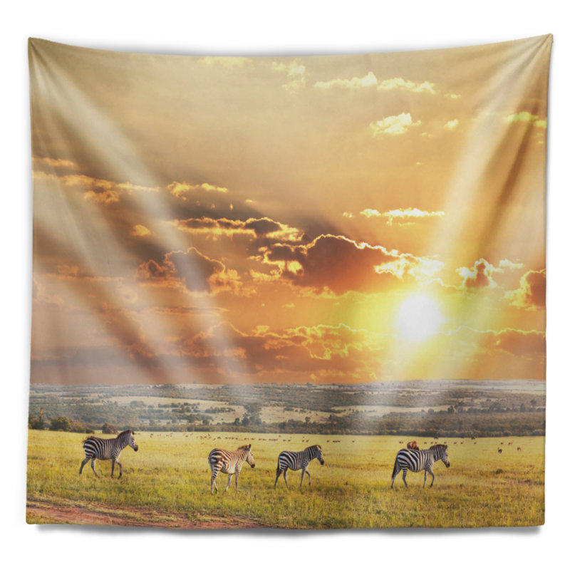 Zèbres paysager dans un tapisserie prairie africain, H 50 po x l 60 po