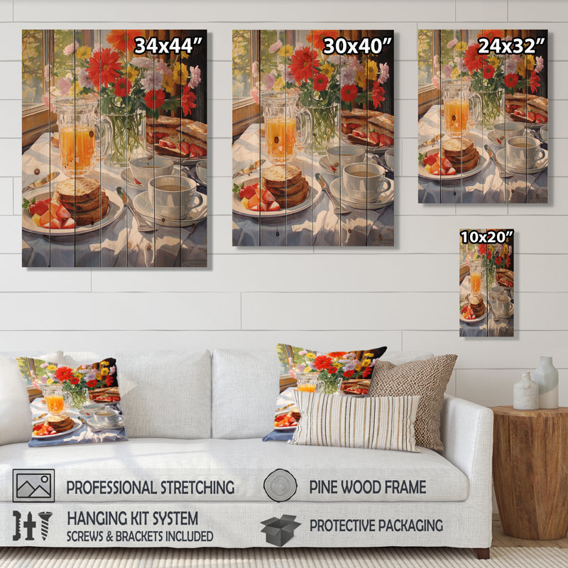 Nourriture petit-déjeuner douillet IV sur bois, H 32 po x l 24 po x P 0,78 po