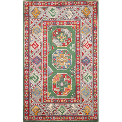 Tapis vert en laine fabriqué à la main vert Kazak 3 x 4