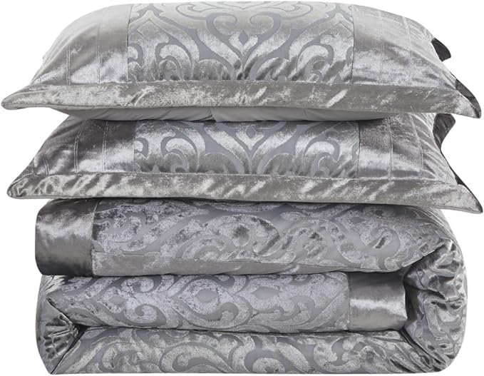 Bollara Velvet Jacquard Damask Bedspread with Pillow Shams Included, Super King Bedspread + 2 Pillow Sham, Silver