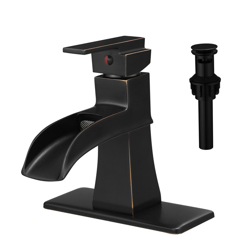 Robinet de salle de bain à une poignée avec cascade, plaque de pont, bonde escamotable, conduites d'alimentation, finition bronze, côté trou de valve de cartouche
