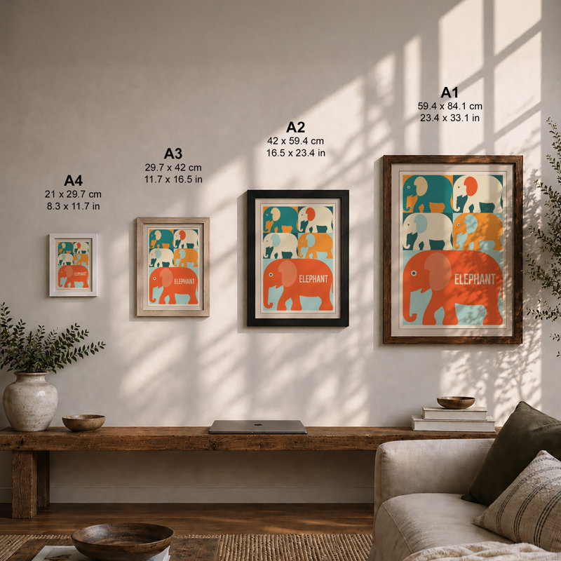 Elephant Study Grid Mid-Century - Framed Print, A4 - 29.7 x 21.0 cm, White