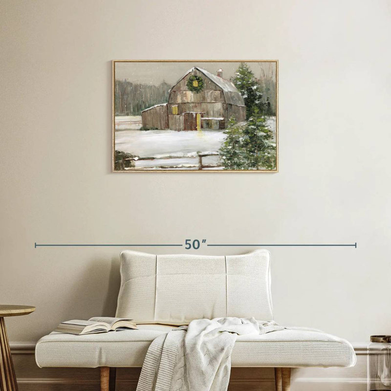 Grange enneigée, Cadre flottant en bois naturel, 31 po x 21 po