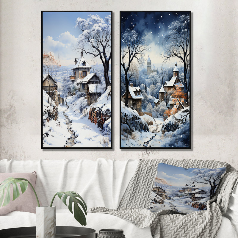 «Harmony Of Winter Village I», 2 pièces sur toile, Cadre noir, H 20 po x l 24 po