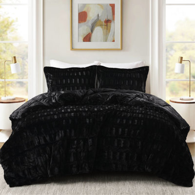 Twin/Twin Xl Solid Faux Fur Comforter Mini In Black, 2 Shams With - Inch Flange, Filling, Tumble Dry Separately Large Capacity Dryer Pcs Black For Beds, Stylish Brushed Fur, Soft Mink Reverse, And