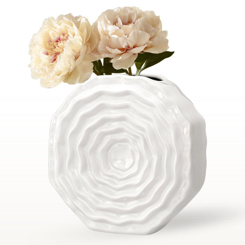 8" Textured Disc White Ceramic Vase, White