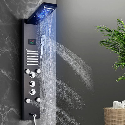 Stainless Steel LED Rain&Waterfall Shower Panel Tower Massage Jets with Hand Spray
