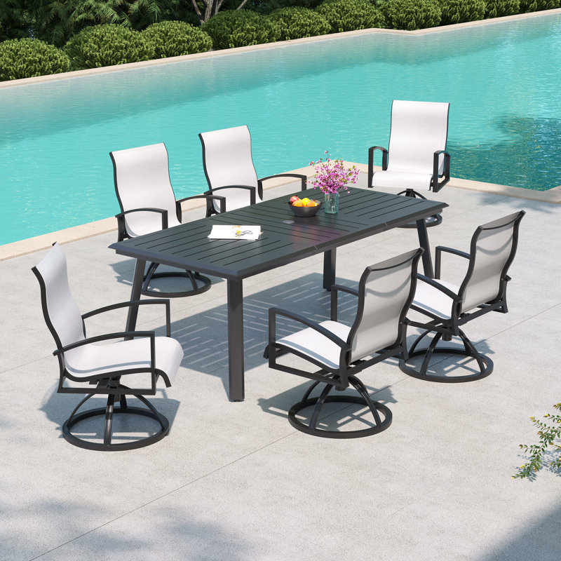Ensemble de salle à manger de patio en aluminium coulé pour 6 personnes avec chaises pivotantes Sunbrella, Blanc