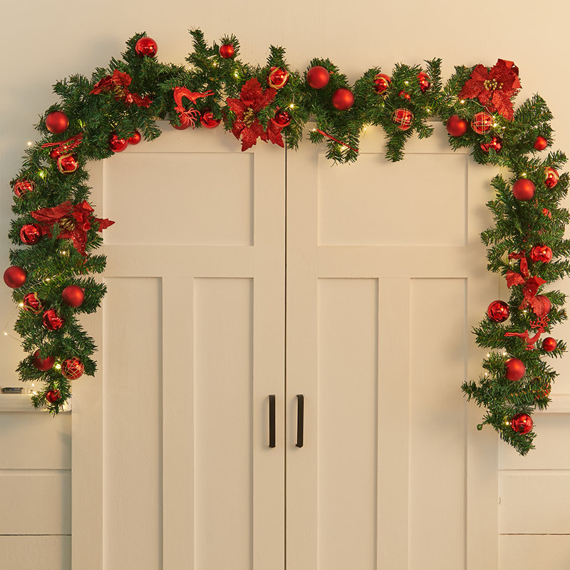270cm Lighted Faux Poinsettia Garland with Lights