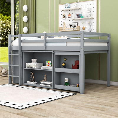 Lit mezzanine simple avec armoire à tiroirs, armoire à tablettes et bureau à tiroirs