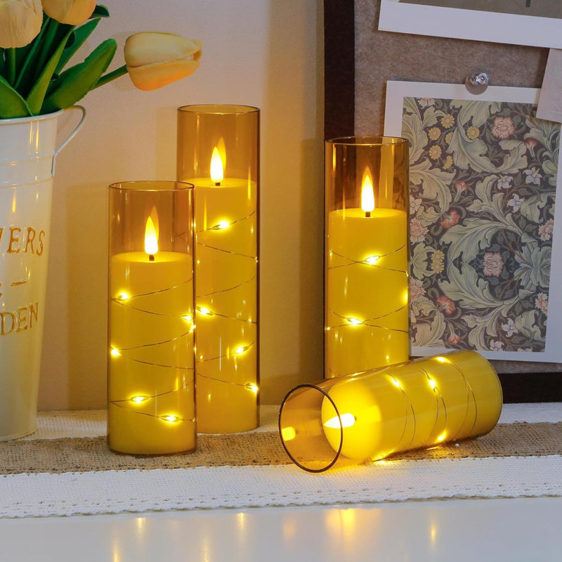 Flameless Flickering Clear Plastic Candles With 11-Key Remote And Timer, Built-In Star String Lights Battery Operated LED Candles, Pack Of 4 (2.2" X5" 6" 7" 8", Black)