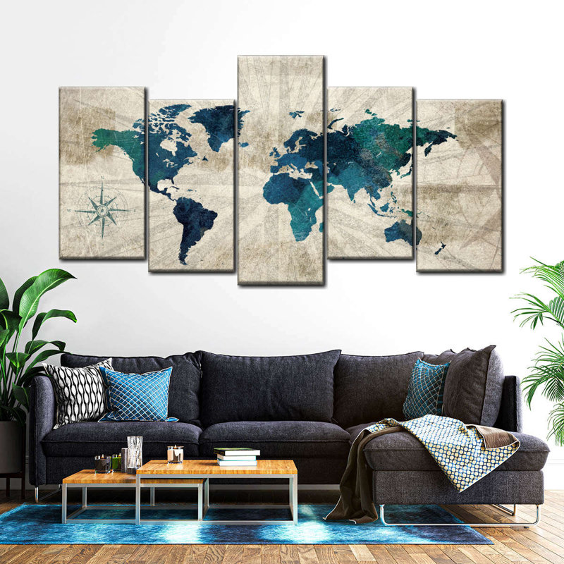 " Aged World Map I " by Tess P 5 - Pieces, 24" H x 49" W x 1.25" D