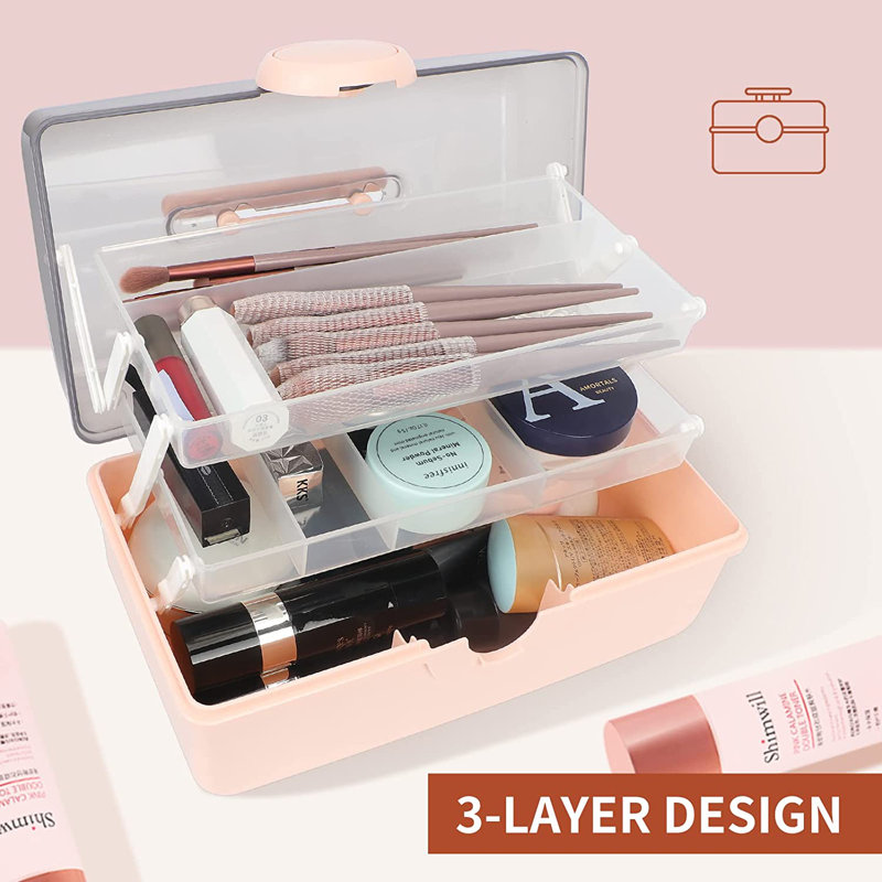 Plastic 3 Compartment Makeup Organizer, Pink